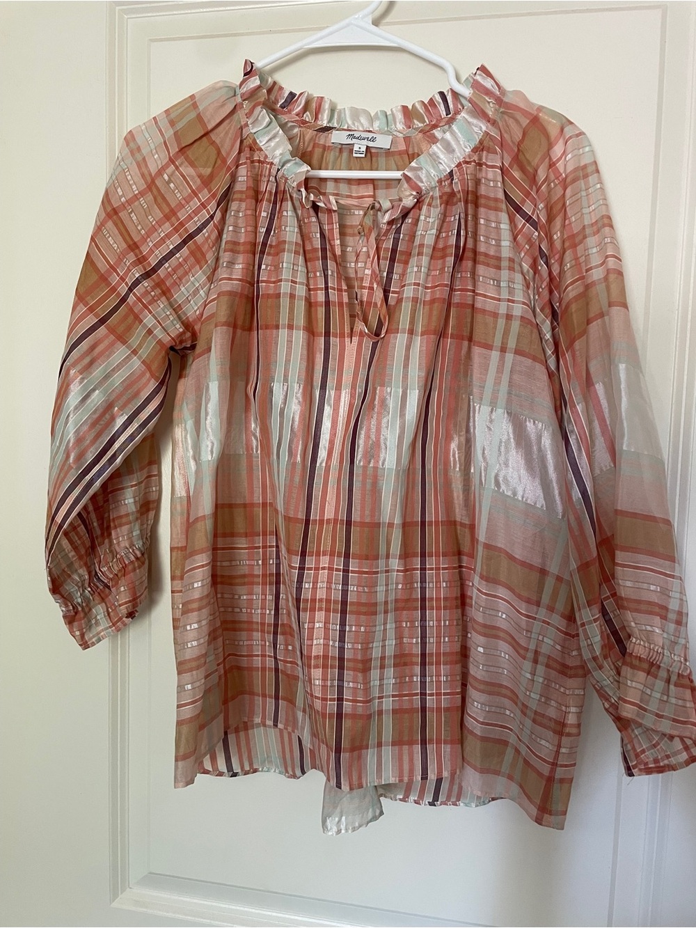 Madewell Peach Plaid Ruffle-Neck Blouse - Picture 3 of 10